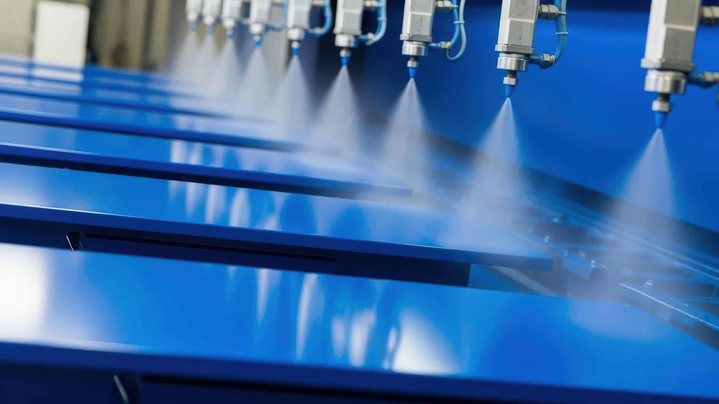 Automated Industrial Spray Painting System Coating Blue Metal Panels In Manufacturing Plant, Precision Nozzles Applying Protective Finish For Mass Production Line