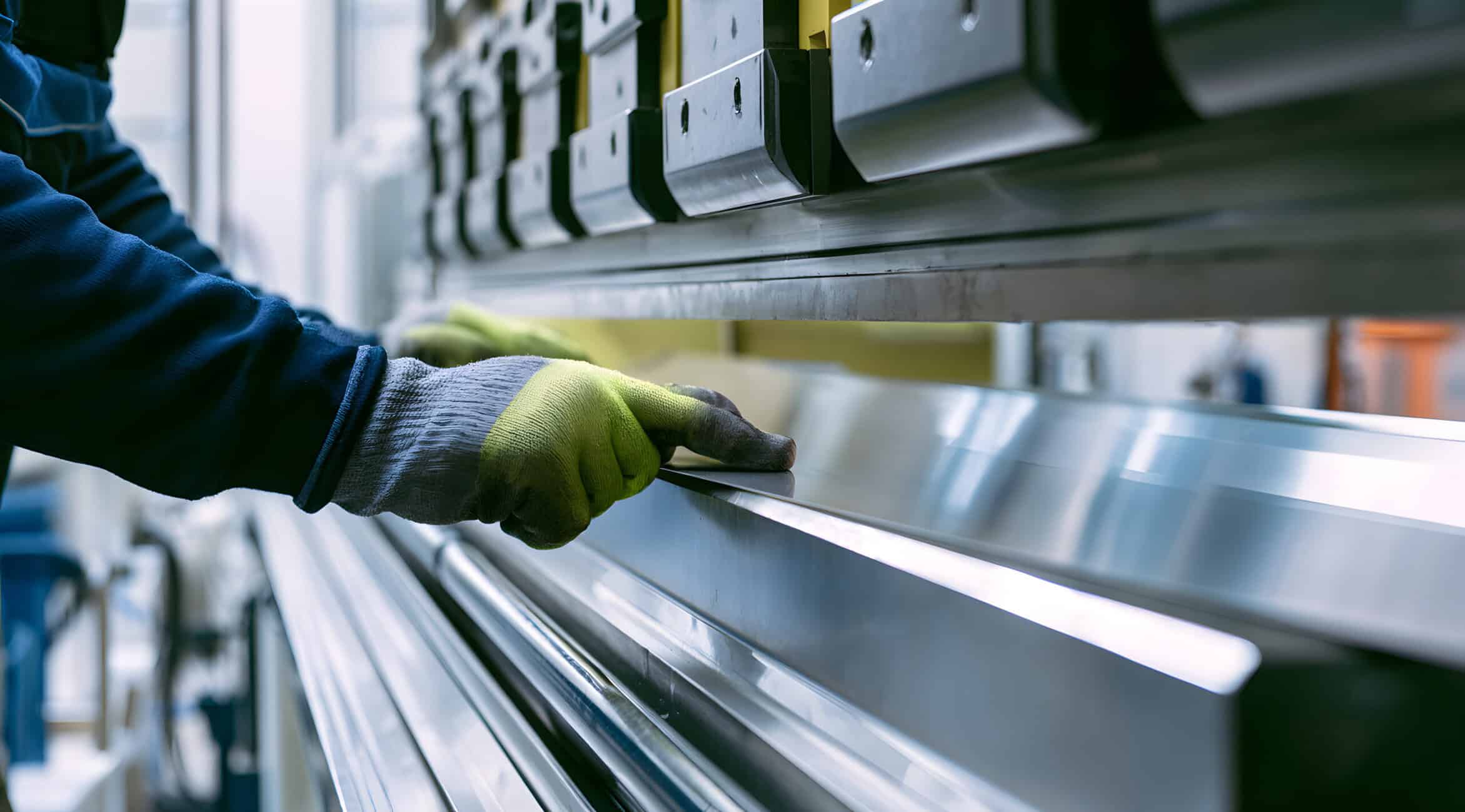 A Detailed View Of An Industrial Cnc Press Brake Machine Bending A Stainless Steel Sheet As A Worker, Wearing Gloves, Operates With Care