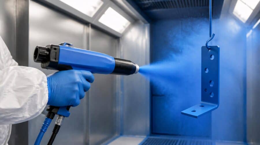 Close Up Od Industrial Worker In Protective Gear Using Blue Powder Coating Spray Gun On Metal Plate In Factory